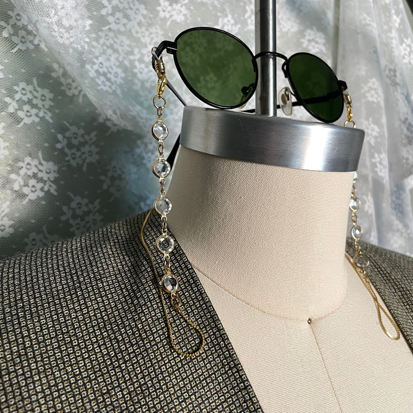 crystal bevel gold tone eyeglass chain