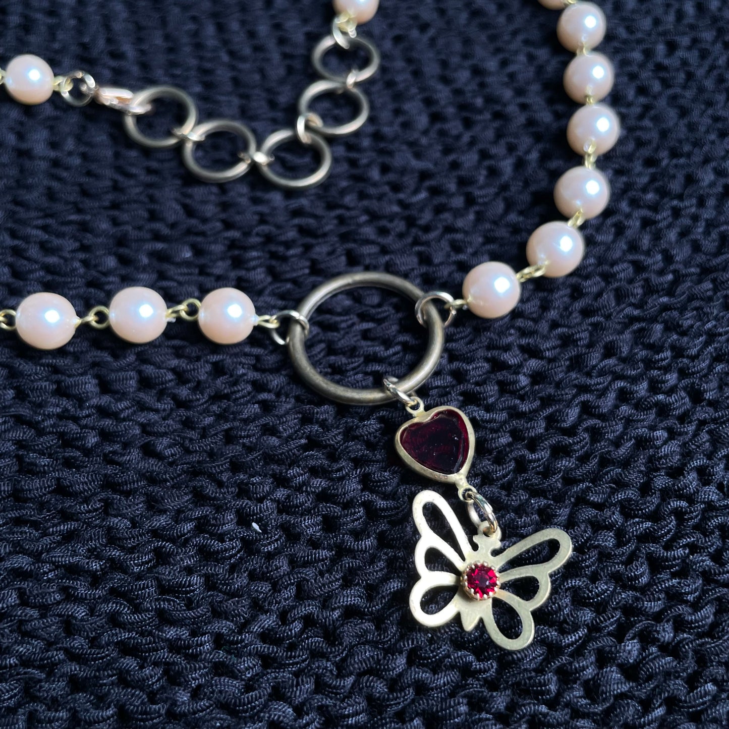 Butterfly & heart necklace - red