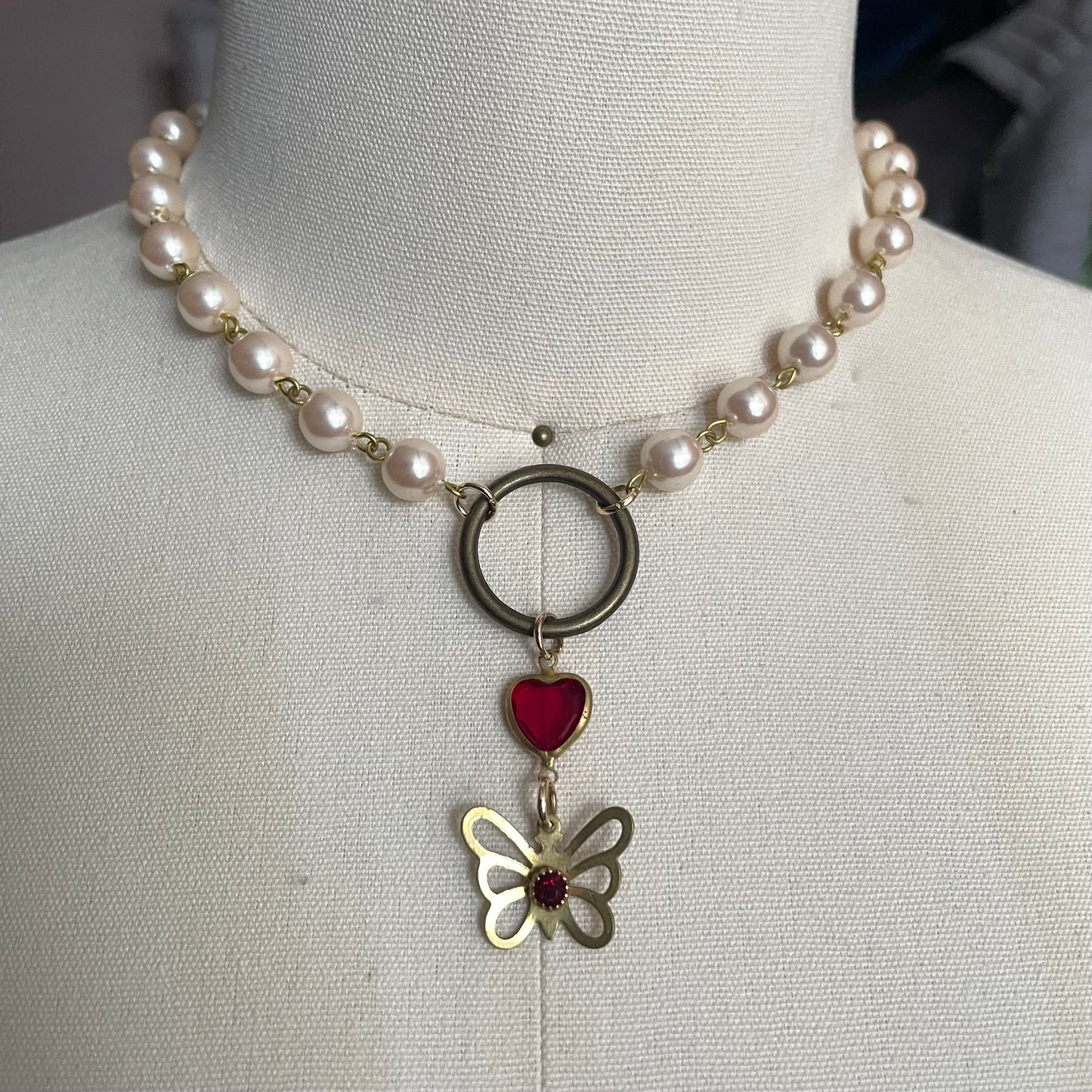 Butterfly & heart necklace - red