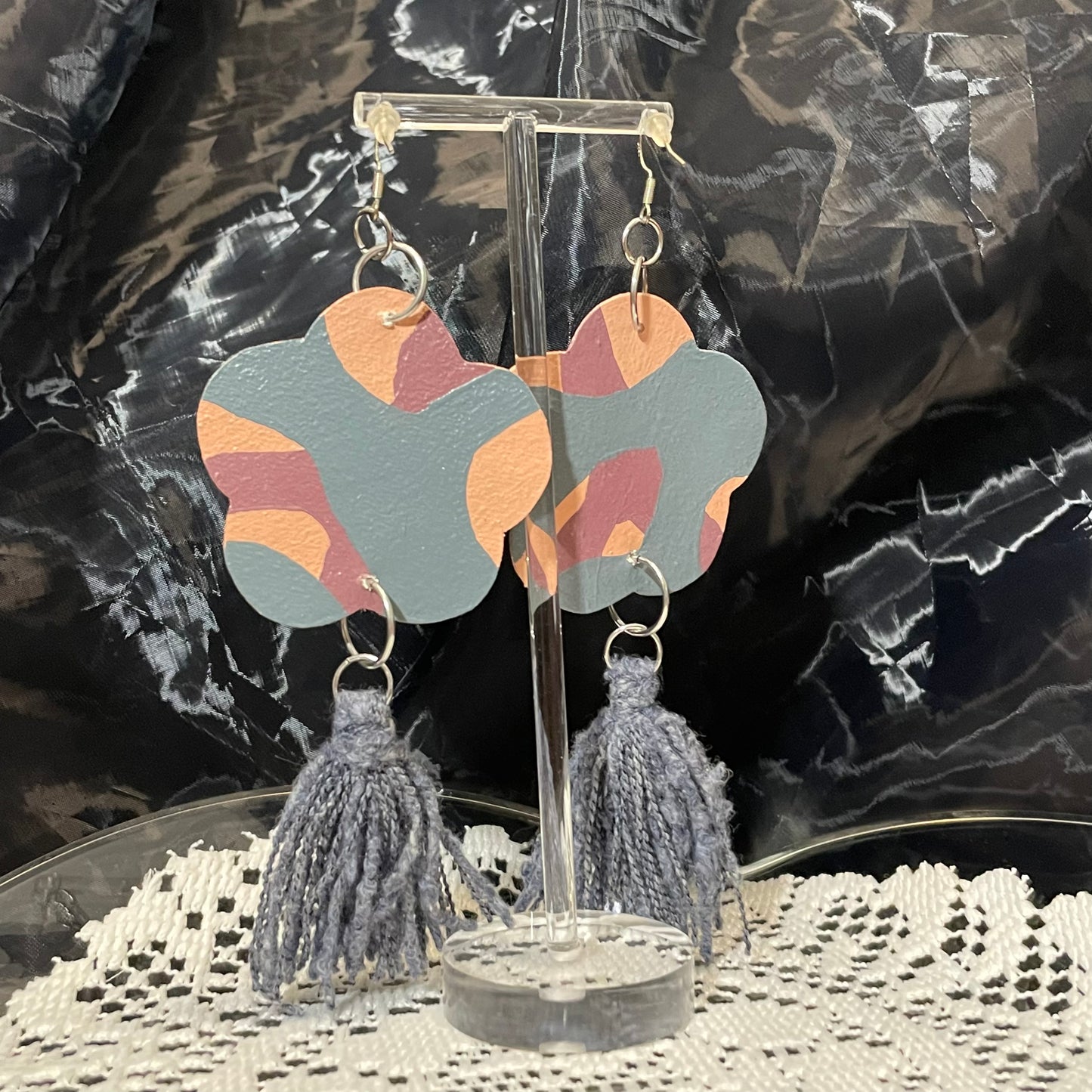 Abstract flower tassel earrings