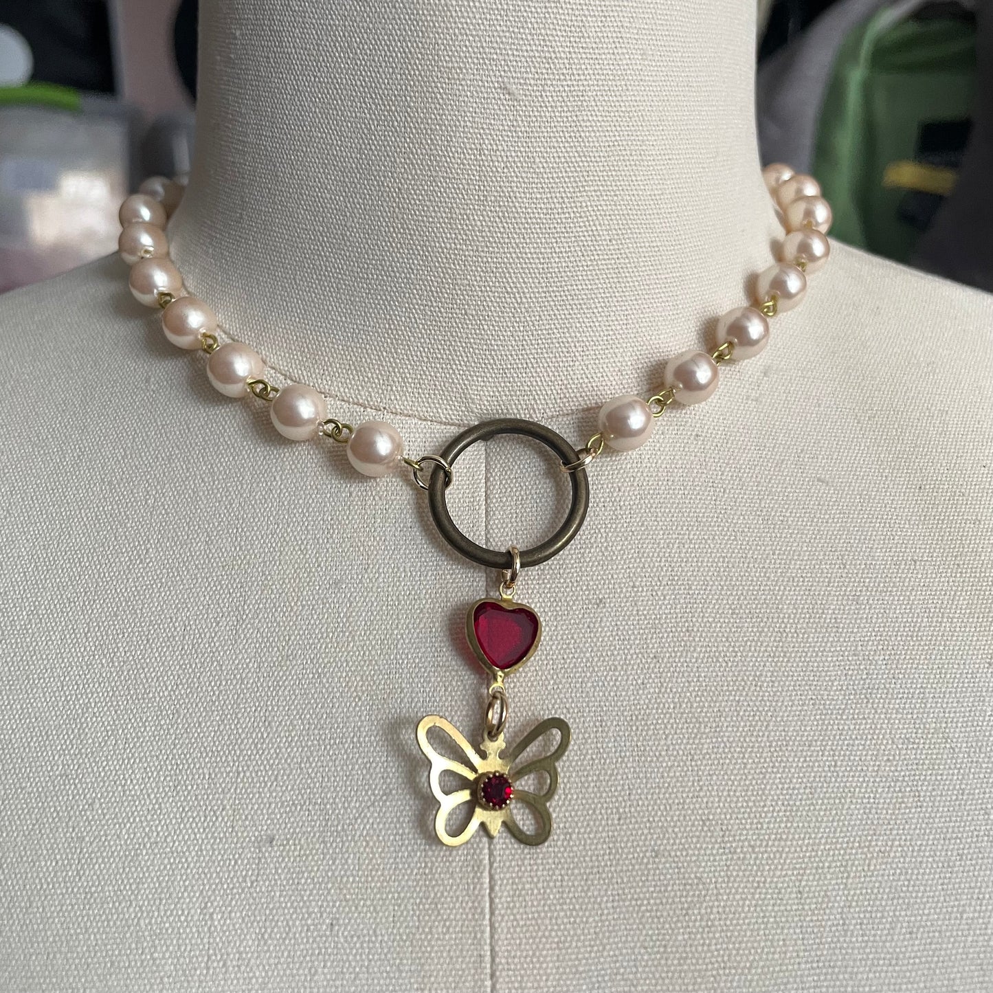 Butterfly & heart necklace - red