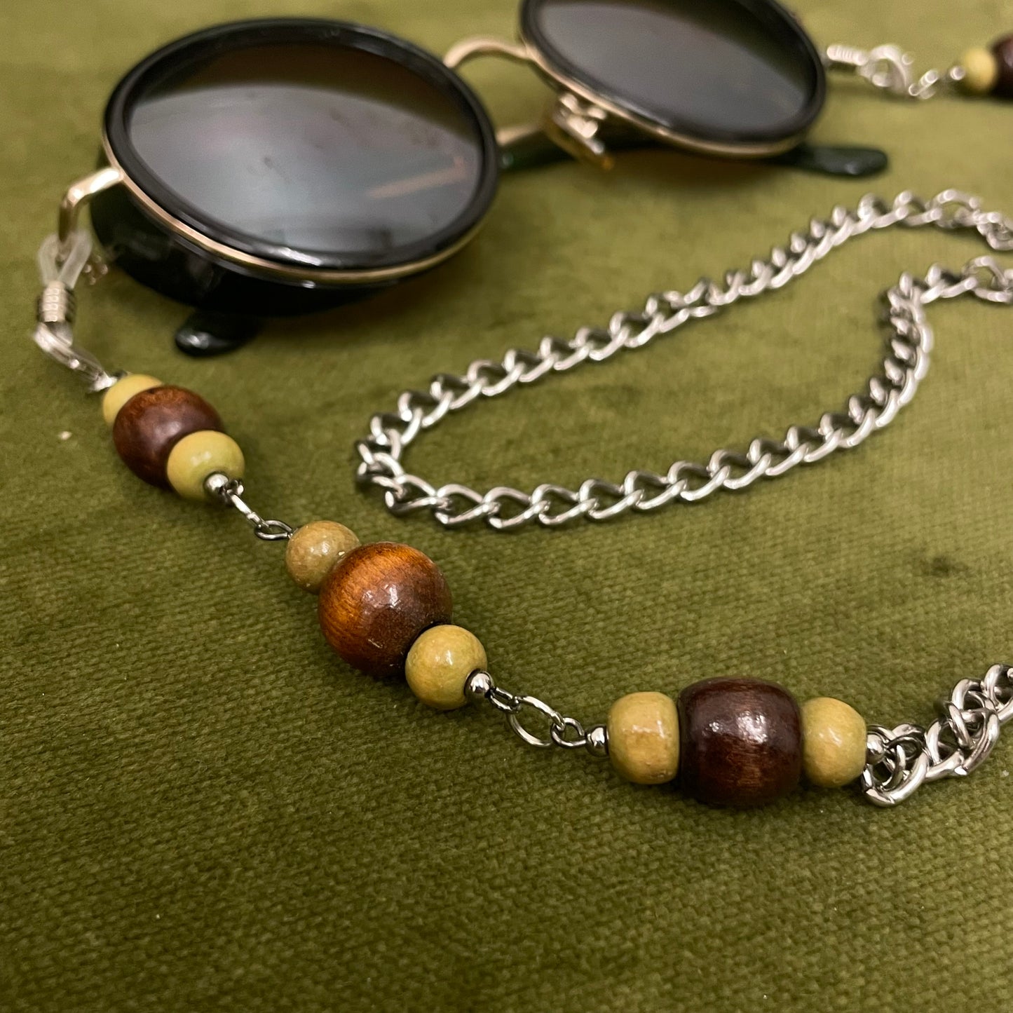 Wood beaded clasp chains - Silver tone