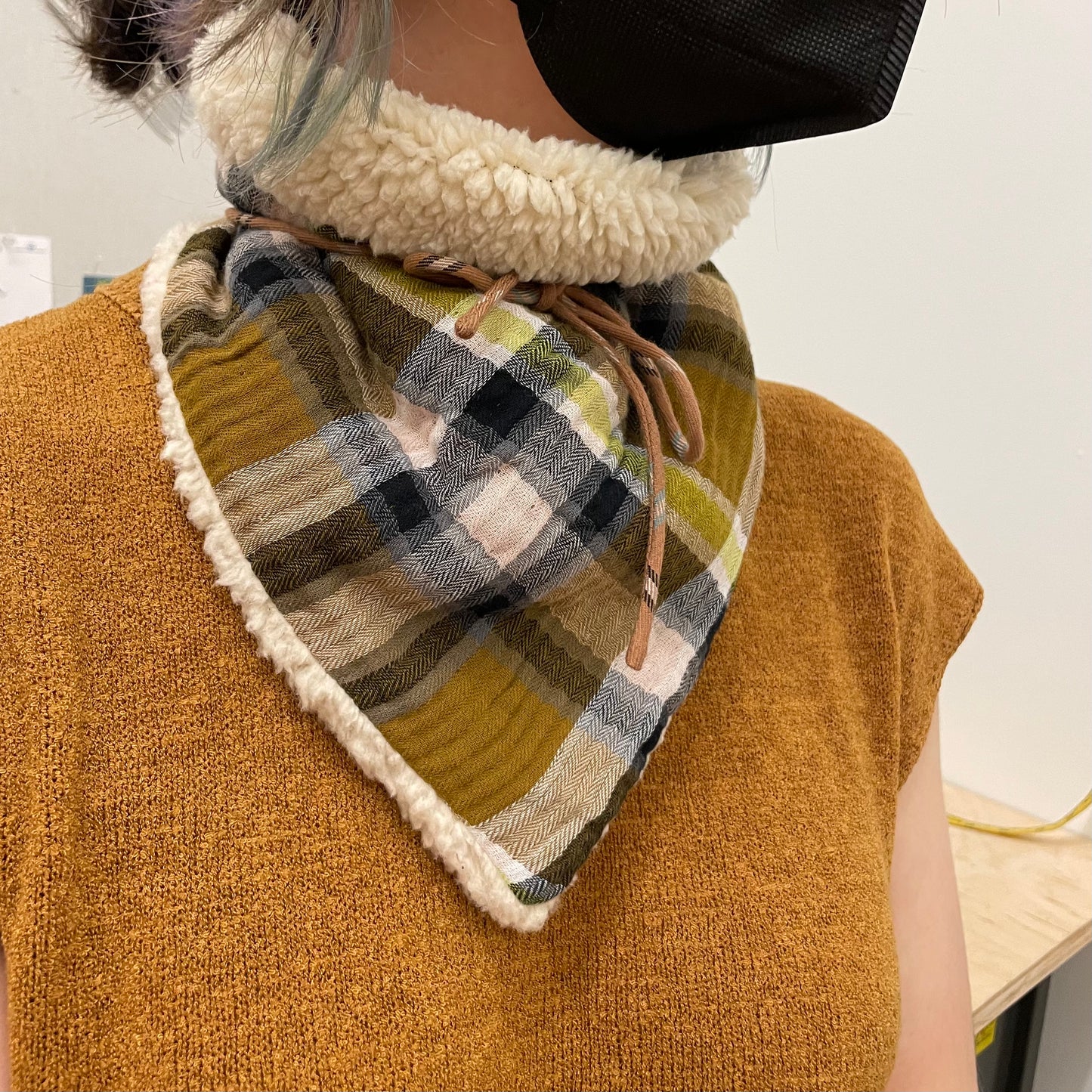 Sherpa/plaid reversible triangle scarf