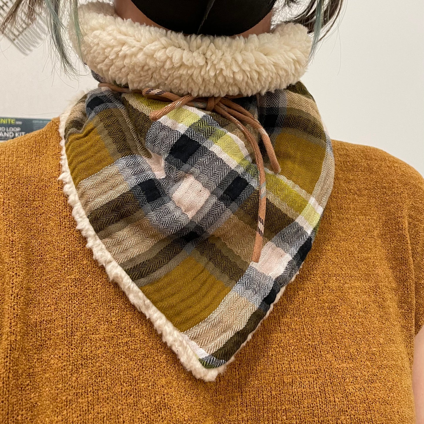 Sherpa/plaid reversible triangle scarf