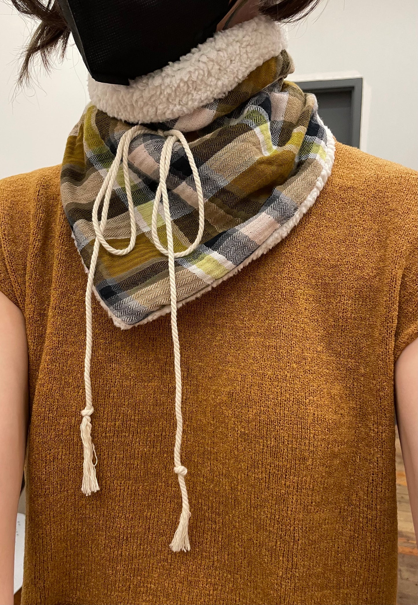 Sherpa/plaid reversible triangle scarf