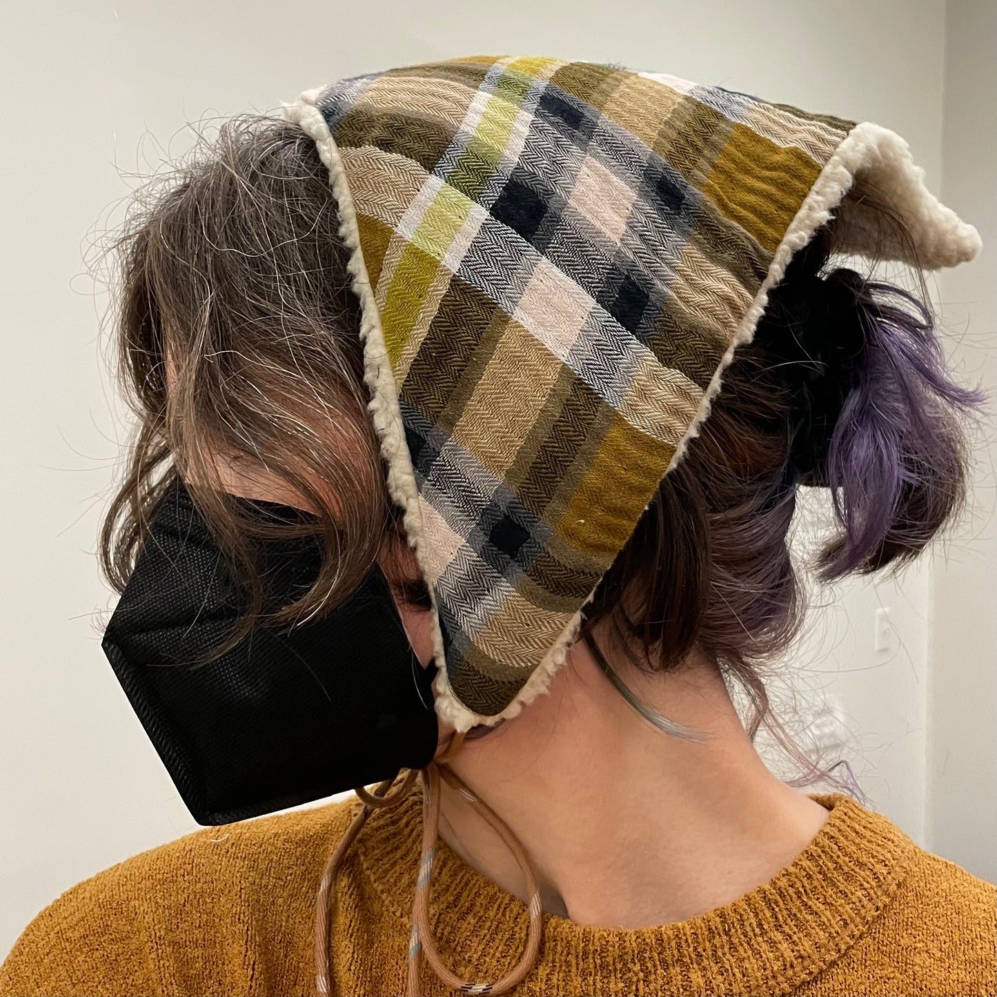 Sherpa/plaid reversible triangle scarf