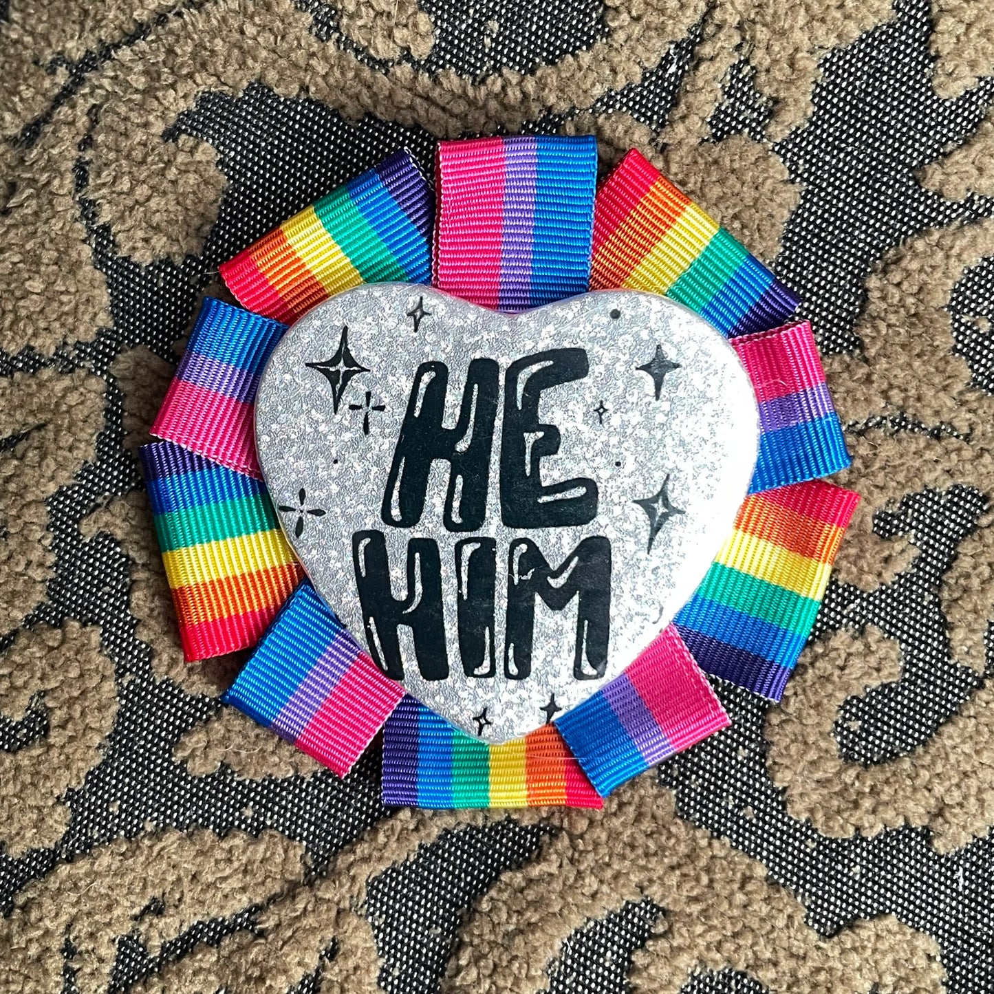 He/Him Rosette Heart Pin