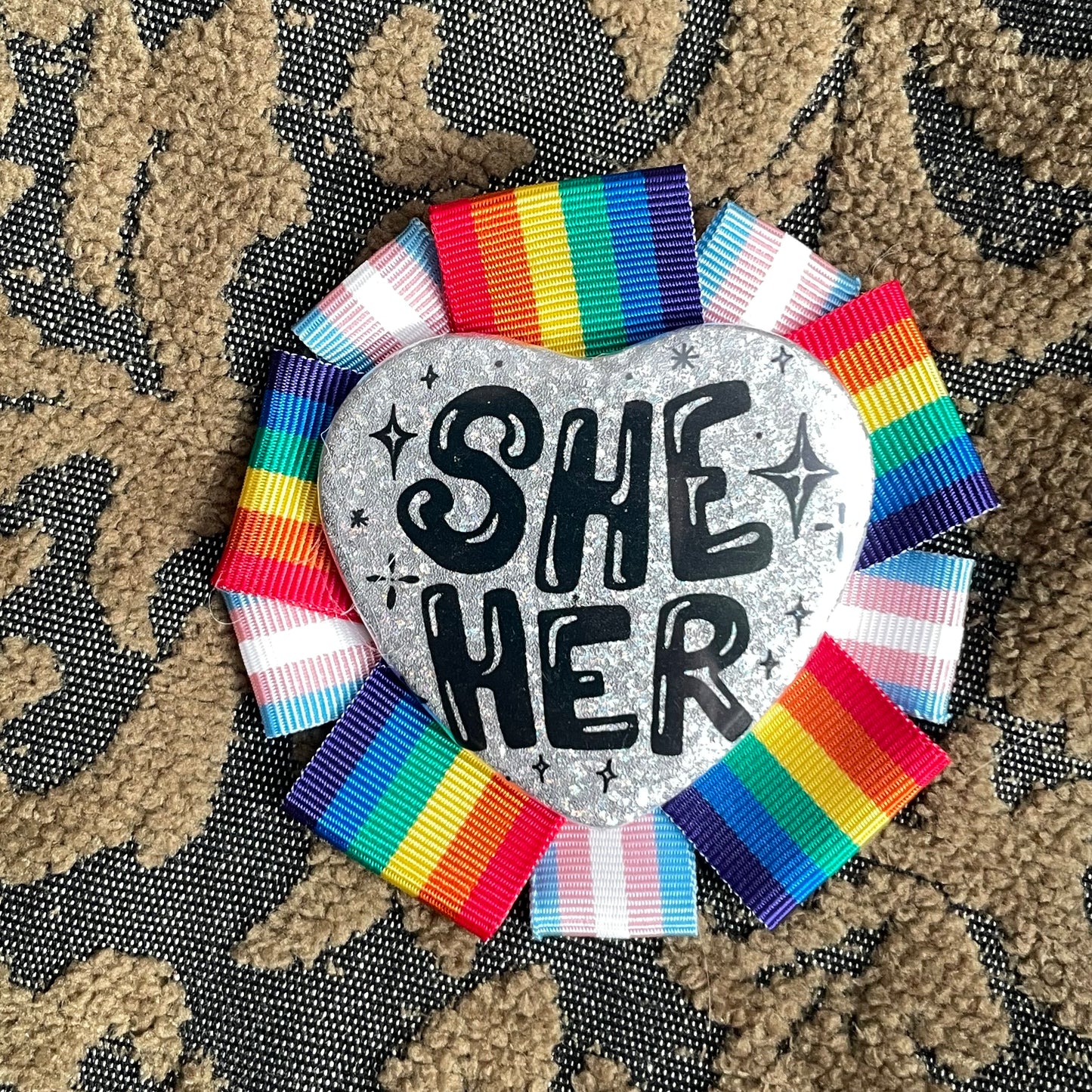 She/Her Rosette Heart Pin