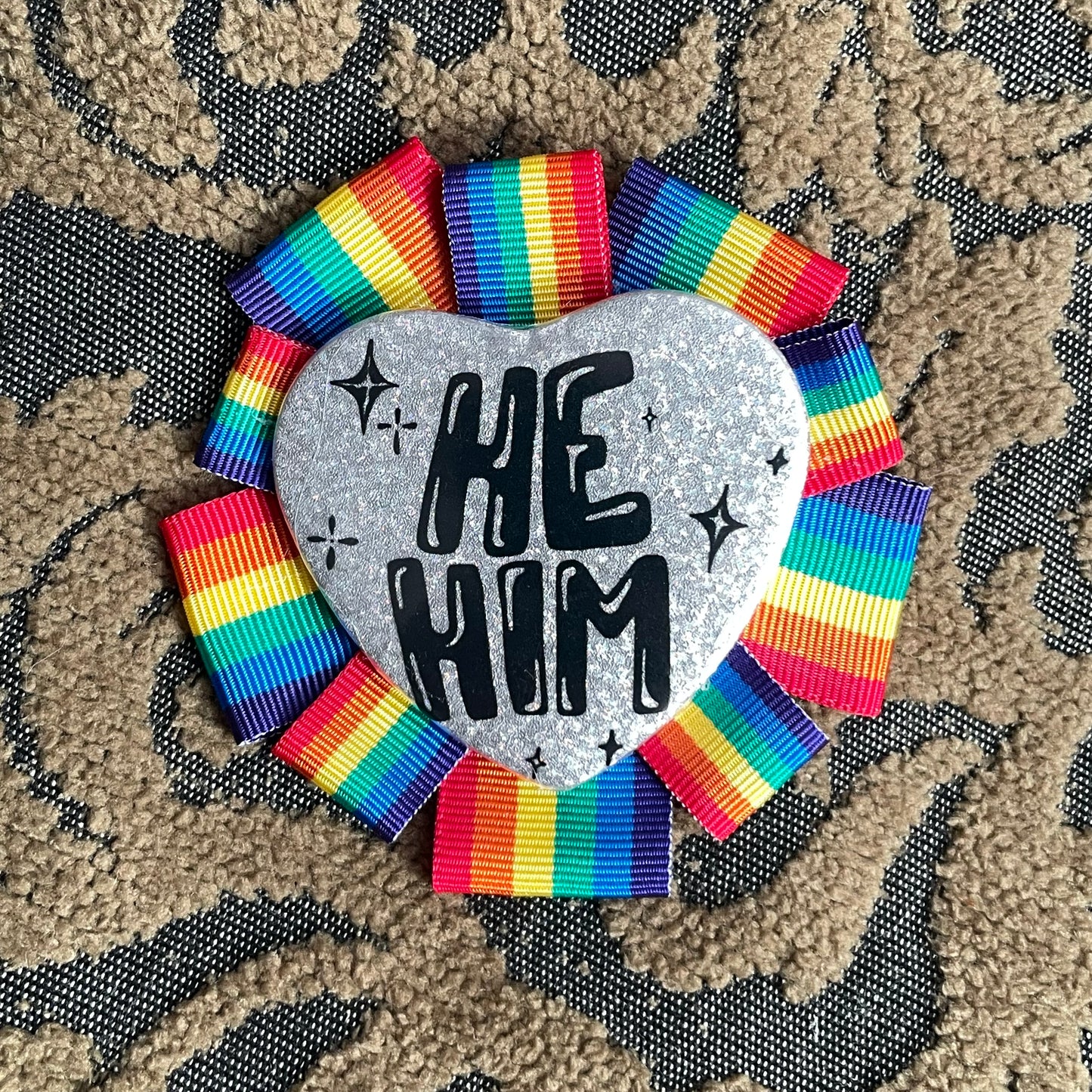 He/Him Rosette Heart Pin