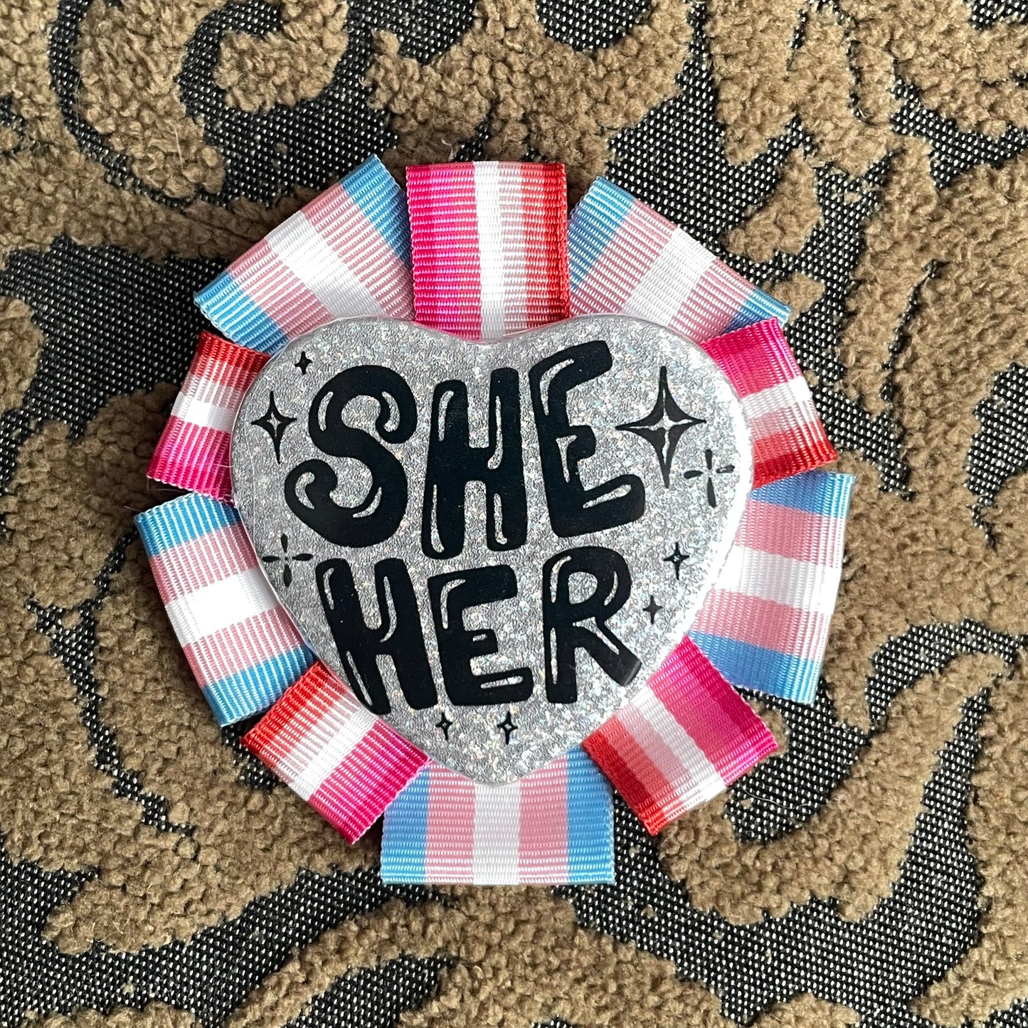 She/Her Rosette Heart Pin