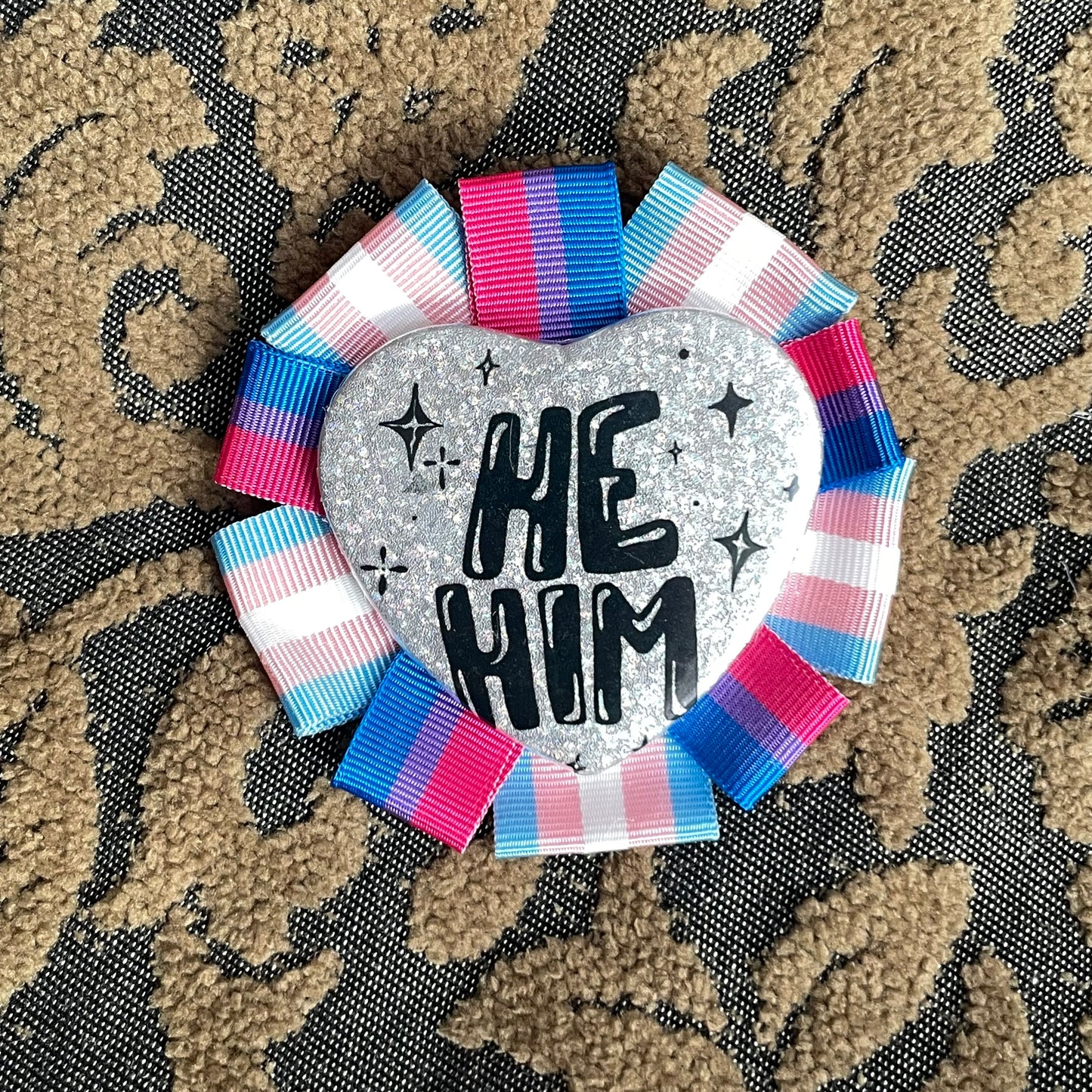 He/Him Rosette Heart Pin