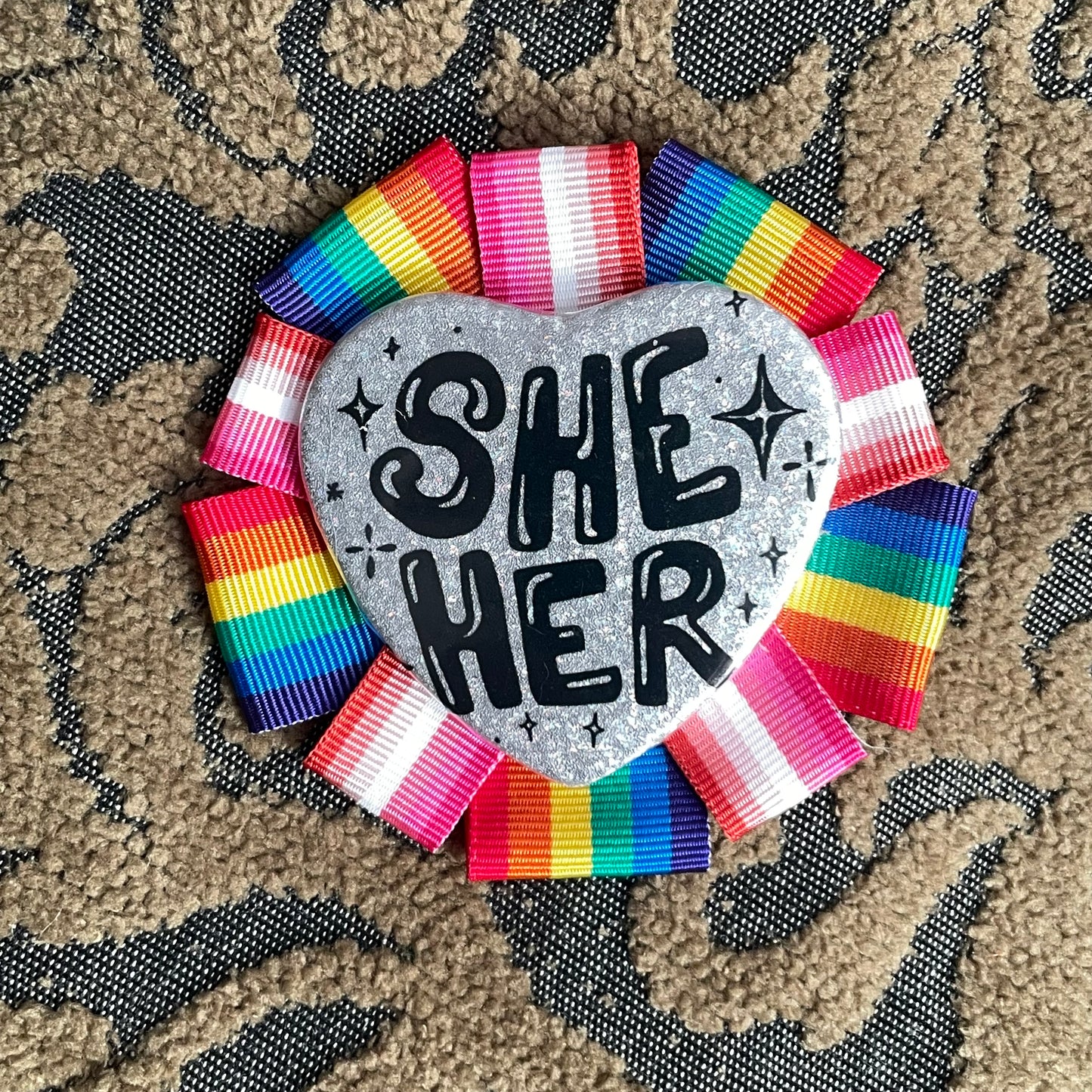 She/Her Rosette Heart Pin