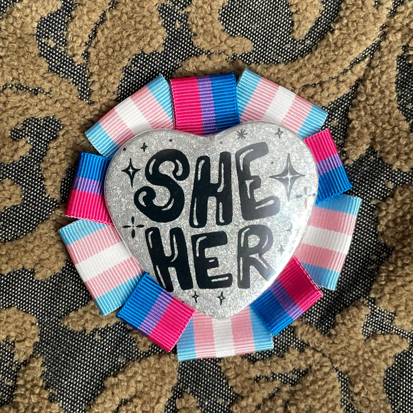 She/Her Rosette Heart Pin