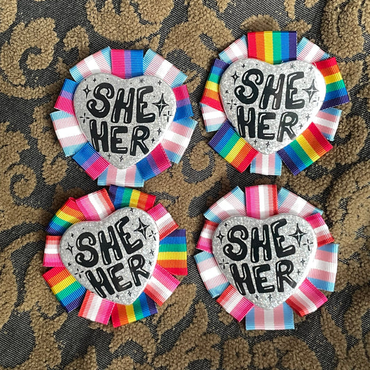 She/Her Rosette Heart Pin