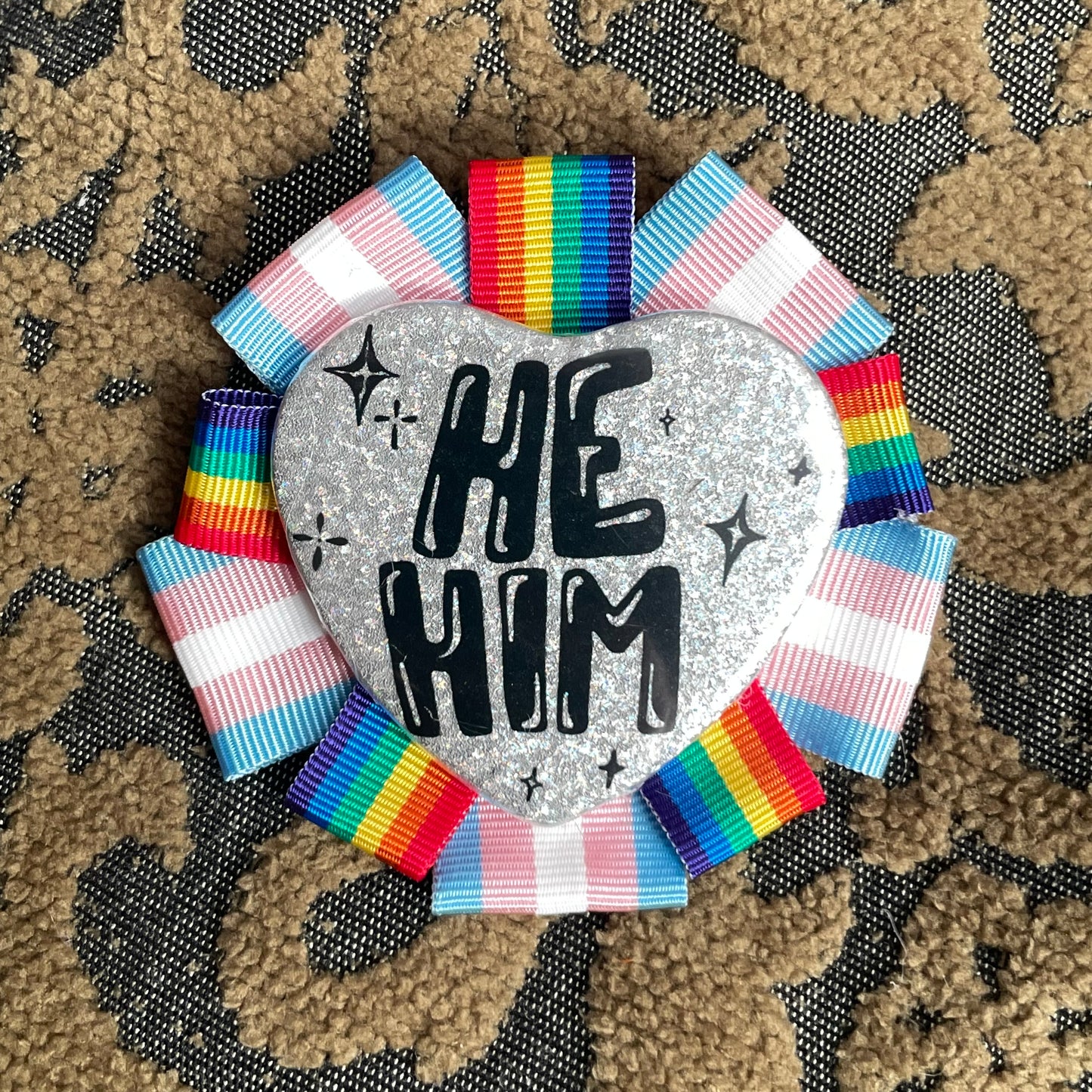 He/Him Rosette Heart Pin