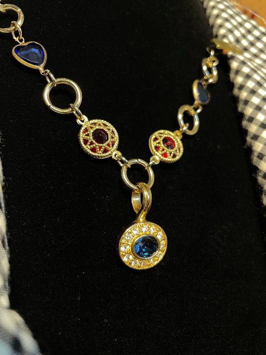 Blue & red goldtone clip chain