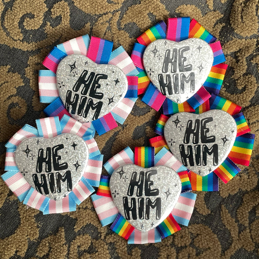 He/Him Rosette Heart Pin