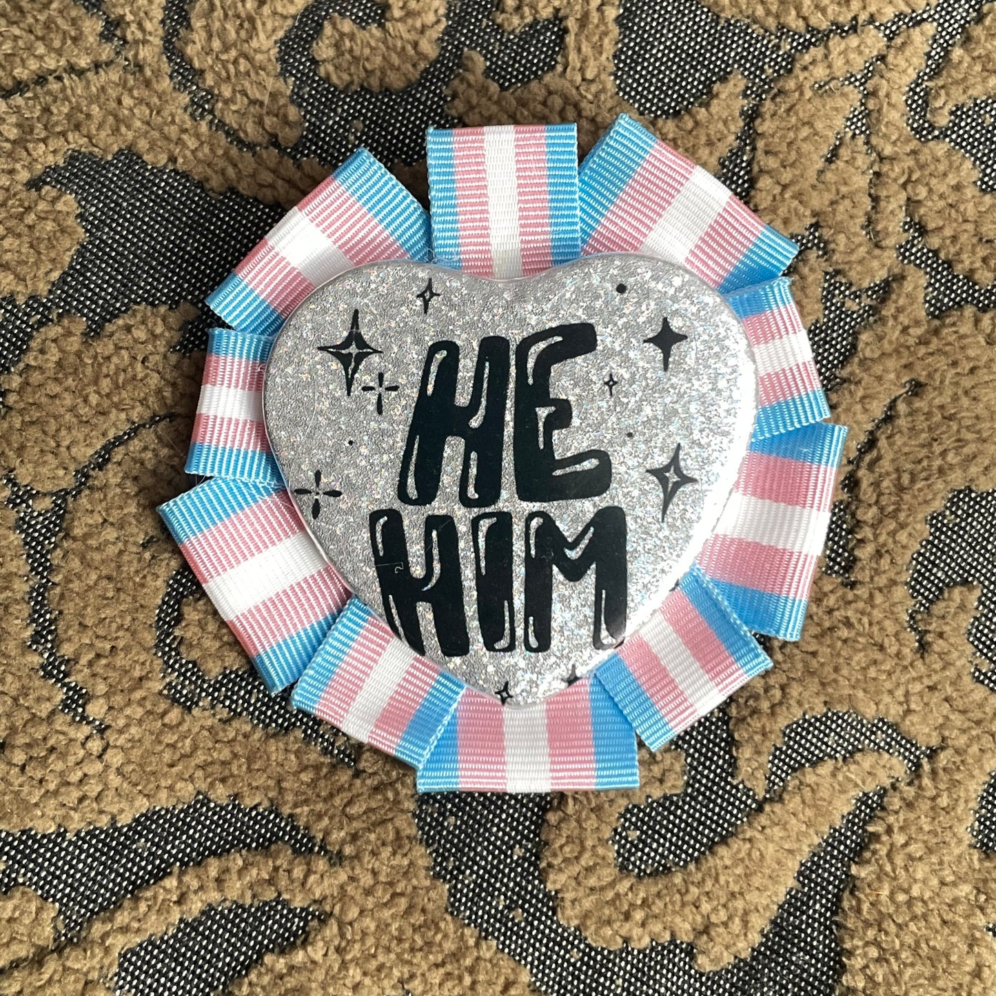 He/Him Rosette Heart Pin