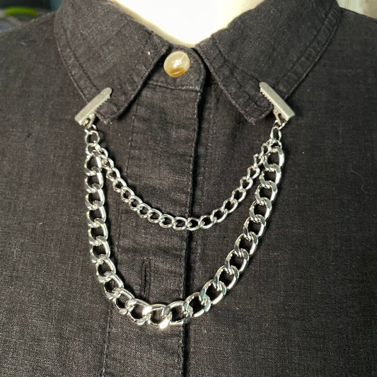 Dual chain silver tone collar clip