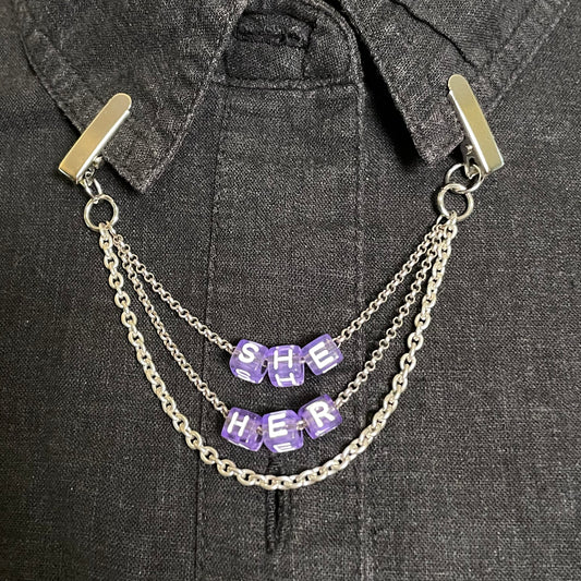 she/her Pronouns collar chain - silver & purple