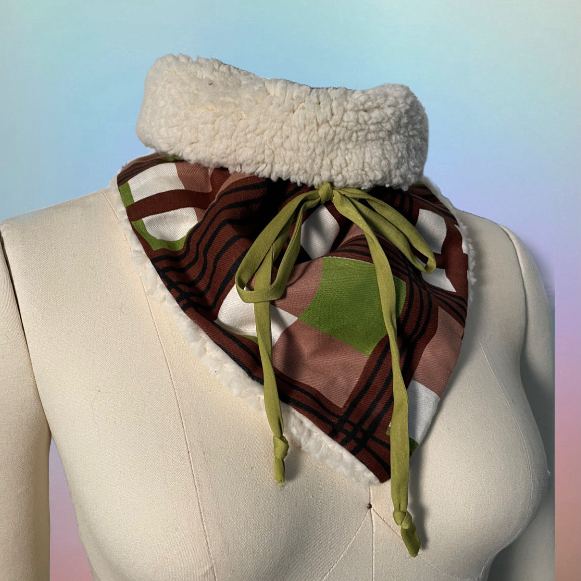 green & brown sherpa neck warmer triangle scarf