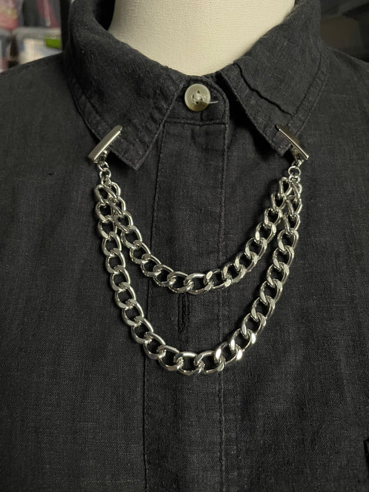 Dual chain silver tone collar clip