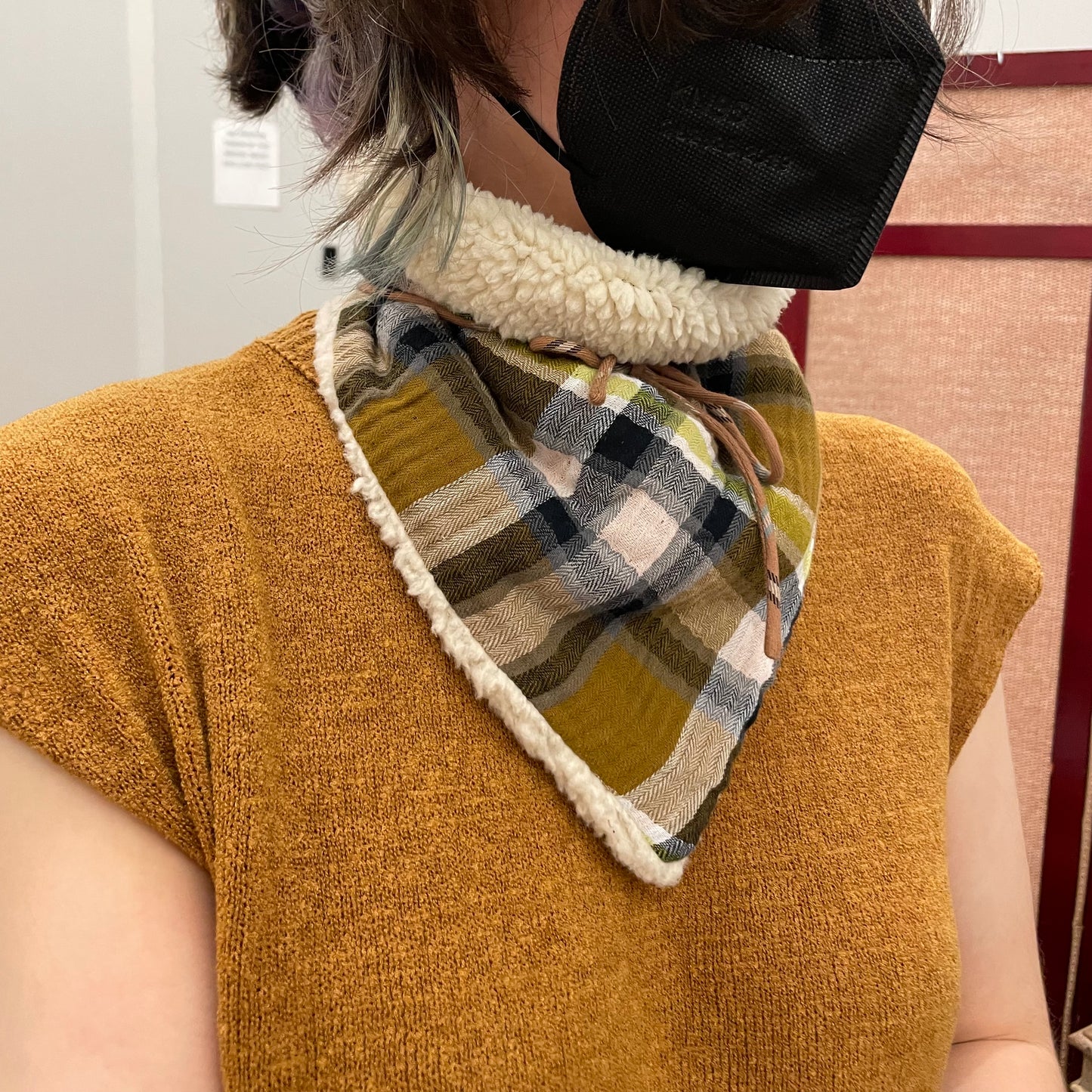 Sherpa/plaid reversible triangle scarf